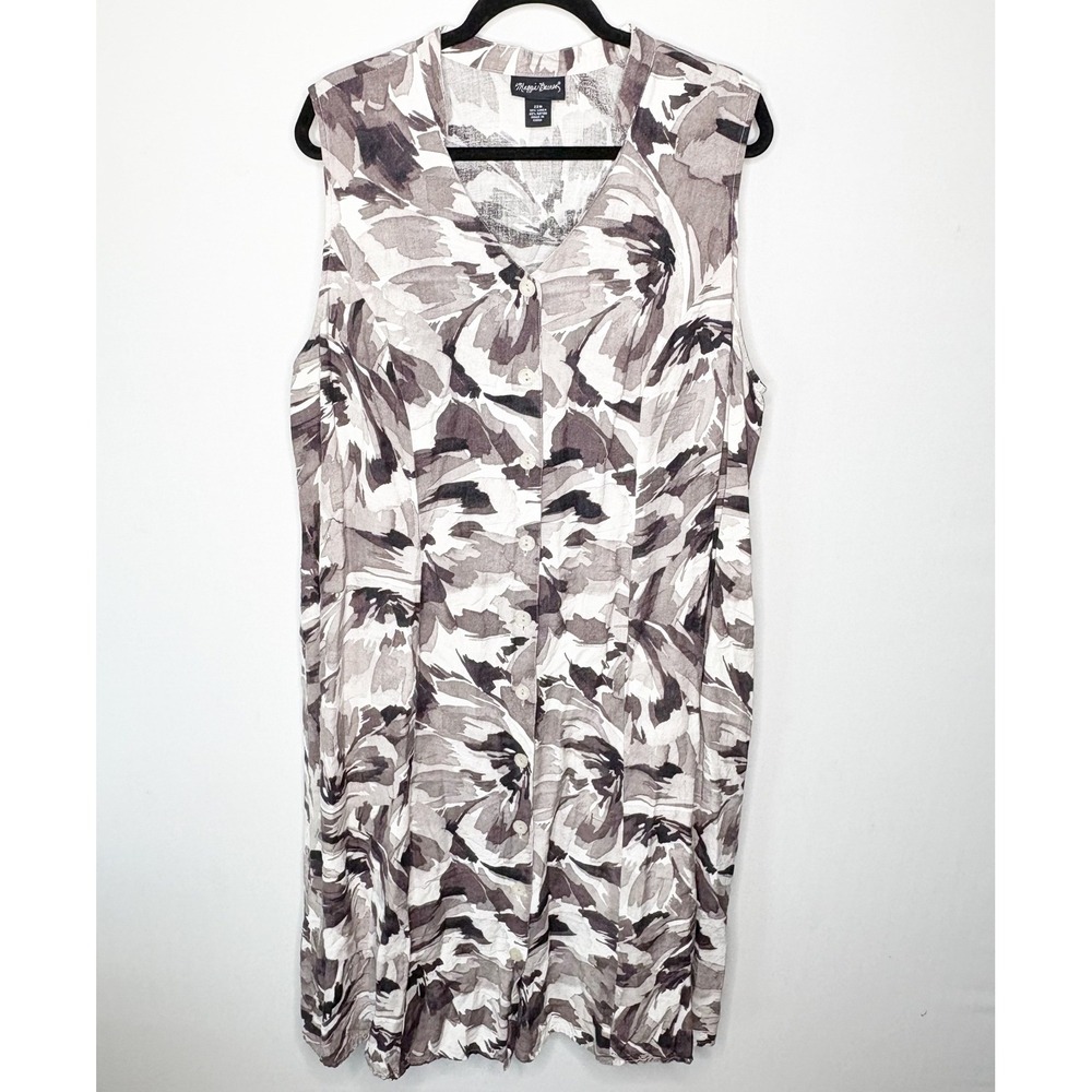 Maggie Barnes Gray White Abstract Floral Linen Blend Button Front Dress 22W